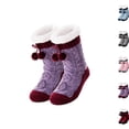 thumbnail image 1 of Women Sherpa Lined Cable Knit Slipper Socks with Pom Pom, Thick Warm Non Slip Home Socks, Cozy Fleece Lined Winter Cabin Socks for Indoor Wear Purple, 1 of 4