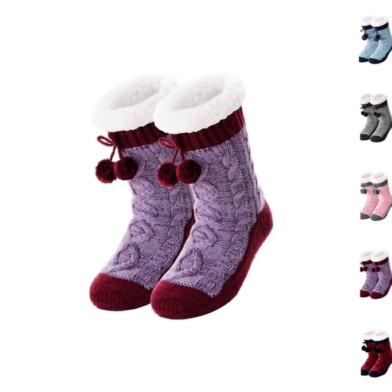 Women Sherpa Lined Cable Knit Slipper Socks with Pom Pom, Thick Warm Non Slip Home Socks, Cozy Fleece Lined Winter Cabin Socks for Indoor Wear Purple