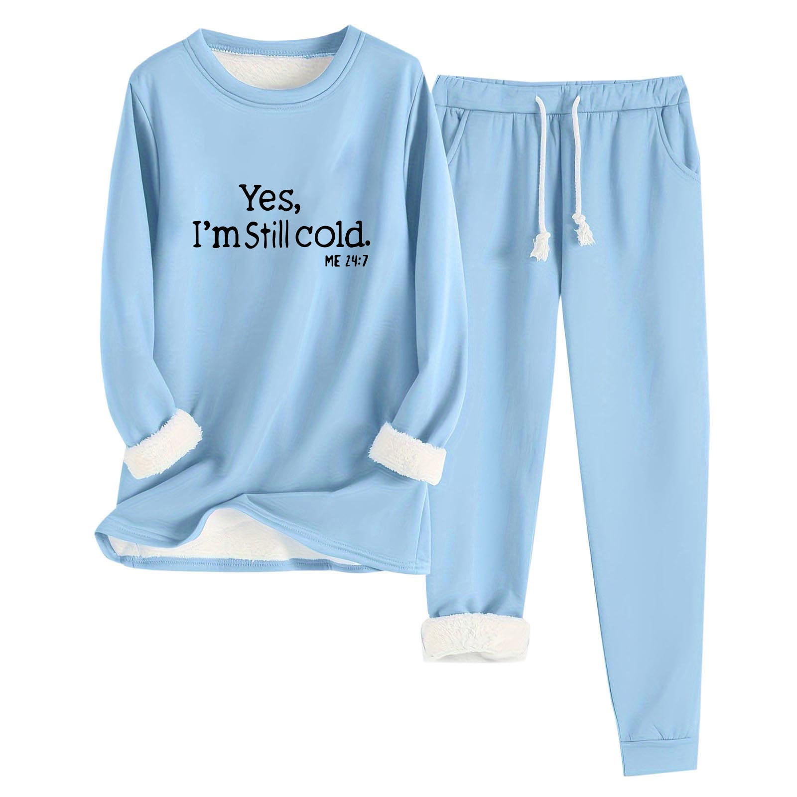 Women Sherpa Lined Sets 2 Piece Loungewear Winter Outfits, Yes I'm Still Cold, Long Sleeve Sweater Pants Pajamas Set (XL, Light Blue)