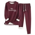thumbnail image 1 of Women Sherpa Lined Sets 2 Piece Loungewear Winter Outfits, Yes I'm Still Cold, Long Sleeve Sweater Pants Pajamas Set (XL, Wine), 1 of 2