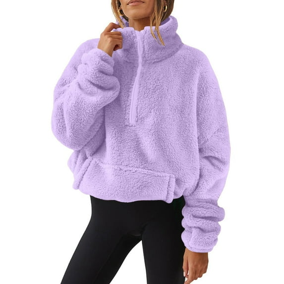 Women Sherpa Pullover Fuzzy Fleece Half Zip Tops Solid Color Long Sleeve Pullover Causel Loose Jacket WIth Pocket