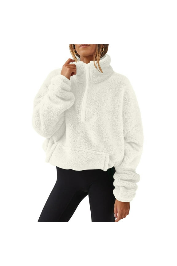 Women Sherpa Pullover Fuzzy Fleece Half Zip Tops Solid Color Long Sleeve Pullover Causel Loose Jacket WIth Pocket