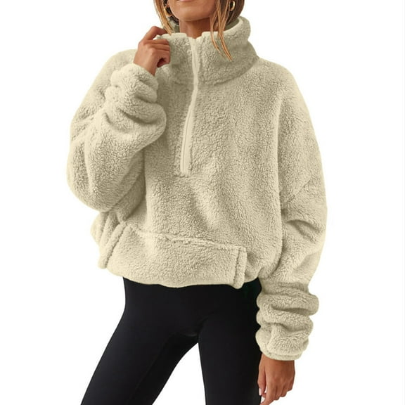 Women Sherpa Pullover Fuzzy Fleece Half Zip Tops Solid Color Long Sleeve Pullover Causel Loose Jacket WIth Pocket