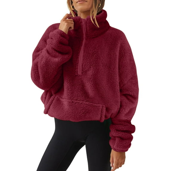 Women Sherpa Pullover Fuzzy Fleece Half Zip Tops Solid Color Long Sleeve Pullover Causel Loose Jacket WIth Pocket