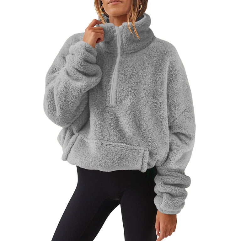Women Sherpa Pullover Fuzzy Fleece Half Zip Tops Solid Color Long