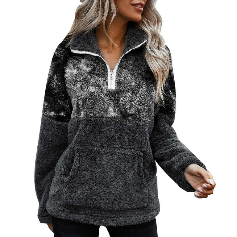 Women Sherpa Pullover Quarter Zip Long Sleeve Color Block Soft
