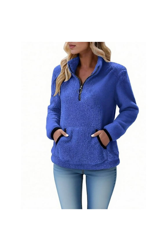 Women Sherpa Sweatshirt Fuzzy Fleece Pullover Half Zip Jackets Long Sleeve Fluffy Soft Sweaters Stand-Up Collar Jacket Plus Size Winter Coats with Pockets