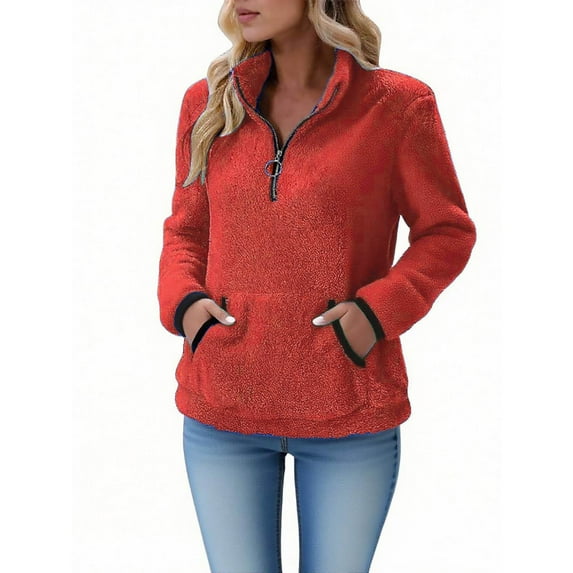 Women Sherpa Sweatshirt Fuzzy Fleece Pullover Half Zip Jackets Long Sleeve Fluffy Soft Sweaters Stand-Up Collar Jacket Plus Size Winter Coats with Pockets