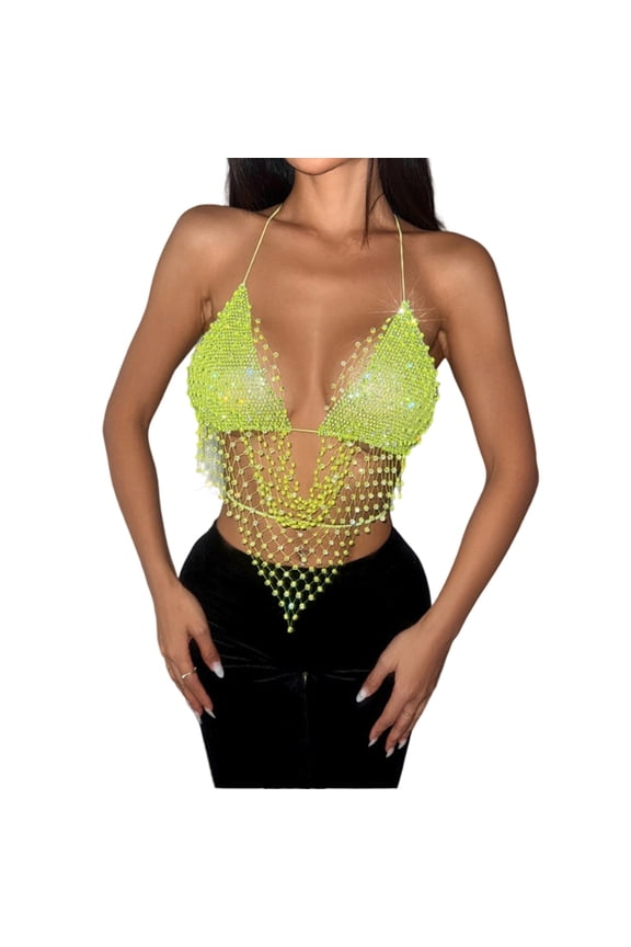 Women Shines Rhinestones Tanks Top Halters Body Chain Fishnets Mesh Bra Crop Top Shirt for Night Club Party Rave Outfit