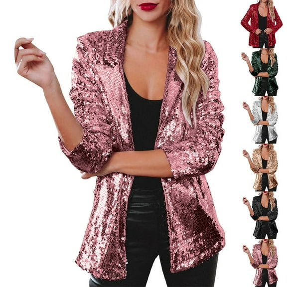 Women Shinny Sequins Blazer Casual Party Jacket Coat Fall Rave Outerwear Blazer Black XL YIWEI