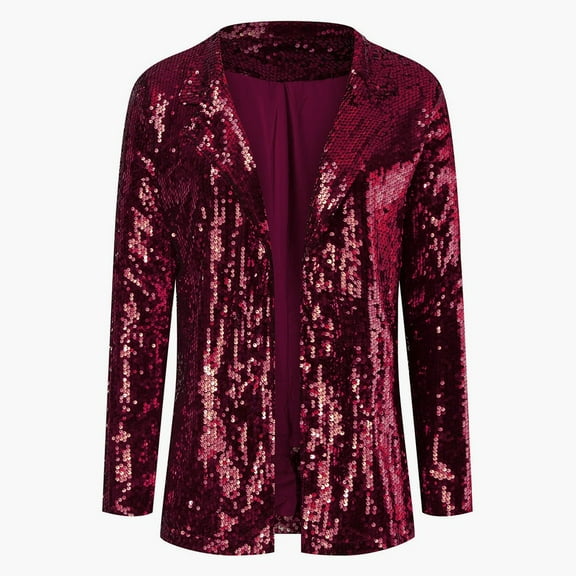 Women Shinny Sequins Blazer Casual Party Jacket Coat Fall Rave Outerwear Blazer Claret XL YIWEI