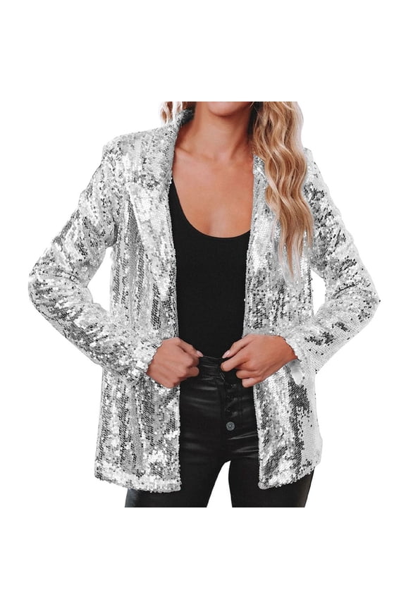 Women Shinny Sequins Blazer Casual Party Jacket Coat Fall Rave Outerwear Blazer Silver M YIWEI
