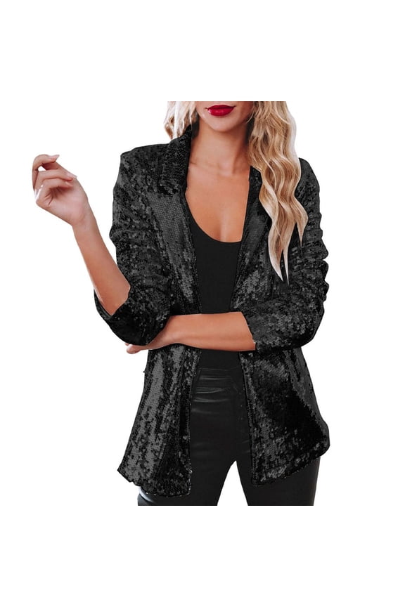 Women Shinny Sequins Blazer Casual Party Jacket Coat Fall Rave Outerwear Blazer
