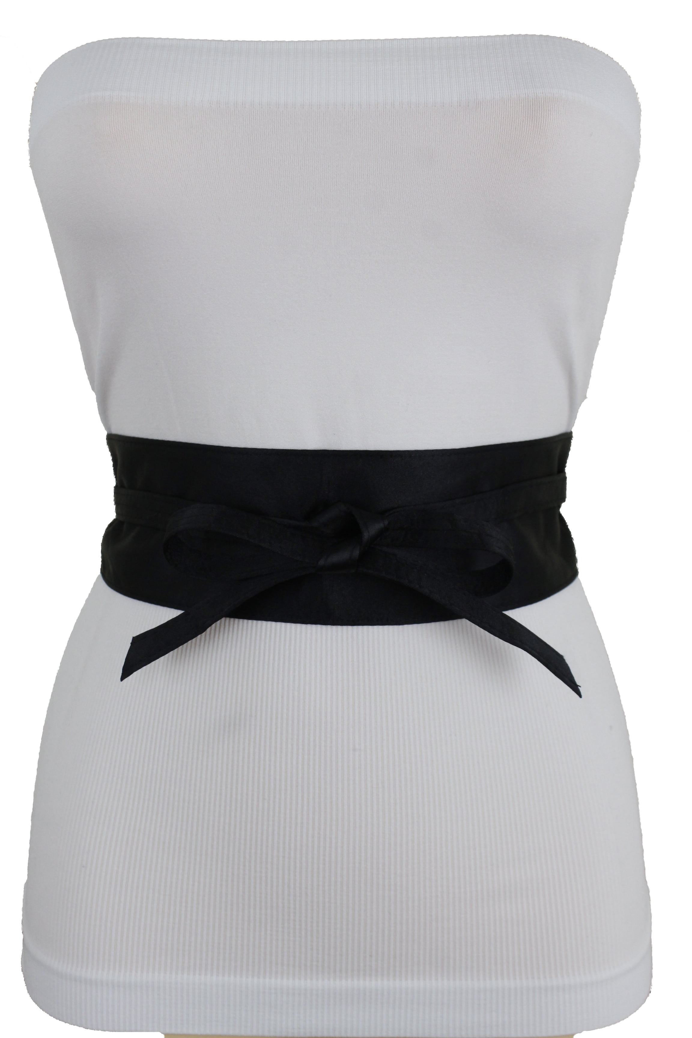 Women Shiny Black Fabric Wrap Around Elegant Fashion Tie Belt
