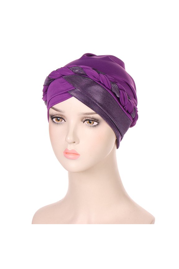 Women Shiny Braided Plaits Stretch Turban Beanie Hat Hair Head Wrap Elastic Cap