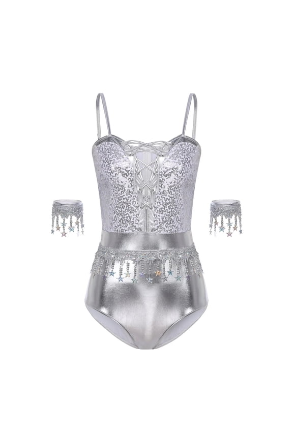 Women Shiny Disco Party Pole Dance Bodysuit Spaghetti Straps Front Lace-up Sequins Tassels
