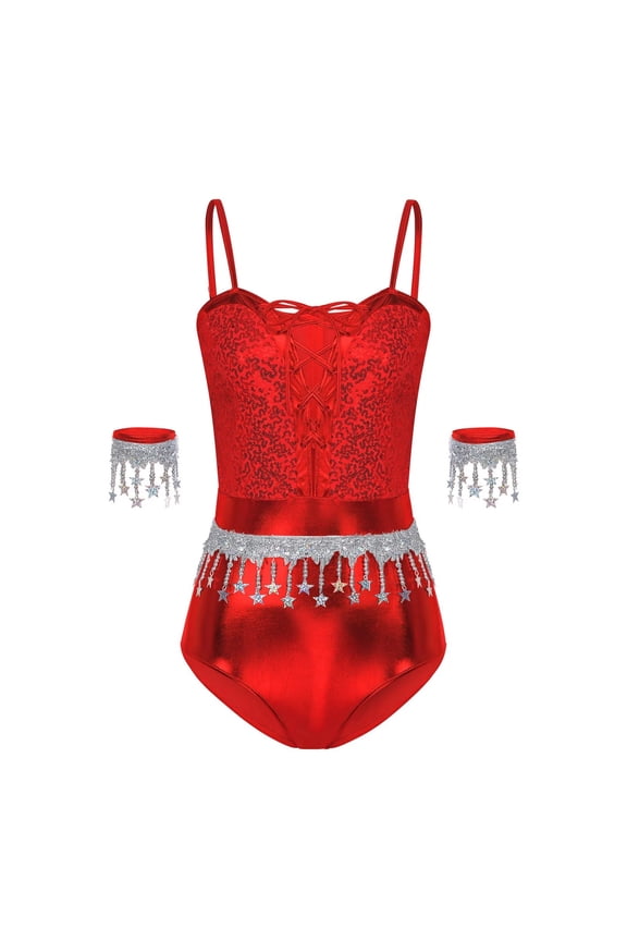 Women Shiny Disco Party Pole Dance Bodysuit Spaghetti Straps Front Lace-up Sequins Tassels