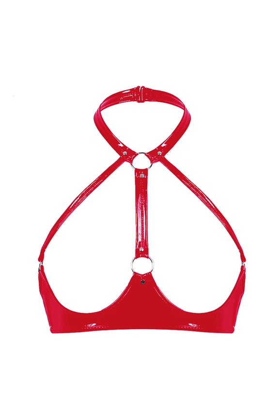 Women Shiny Leather Bra, Glossy PVC Leather, Hot Breast Exposed, Wetlook Latex Lingerie