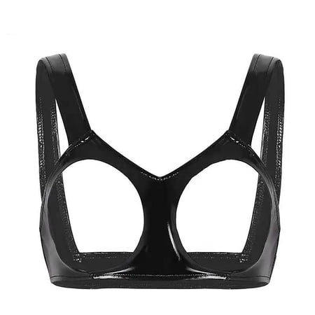Women Shiny Leather Bra, Glossy PVC Leather, Hot Breast Exposed, Wetlook Latex Lingerie