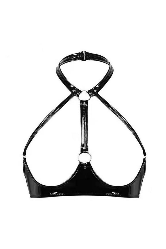 Women Shiny Leather Bra, Glossy PVC Leather, Hot Breast Exposed, Wetlook Latex Lingerie