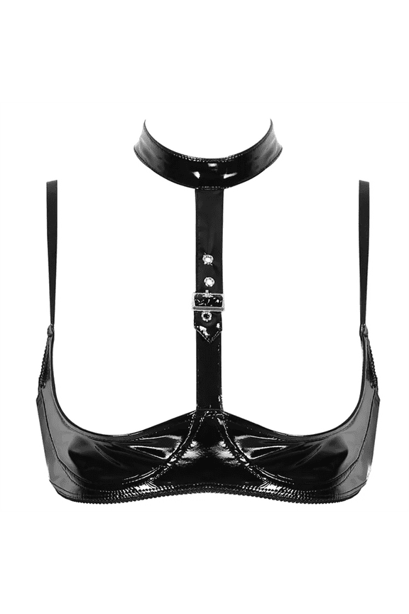 Women Shiny Leather Bra, Glossy PVC Leather, Hot Breast Exposed, Wetlook Latex Lingerie