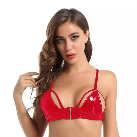 Women Shiny Leather Bra, Glossy PVC Leather, Hot Breast Exposed, Wetlook Latex Lingerie