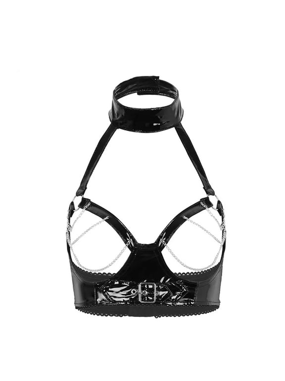 Women Shiny Leather Bra, Glossy PVC Leather, Hot Breast Exposed, Wetlook Latex Lingerie