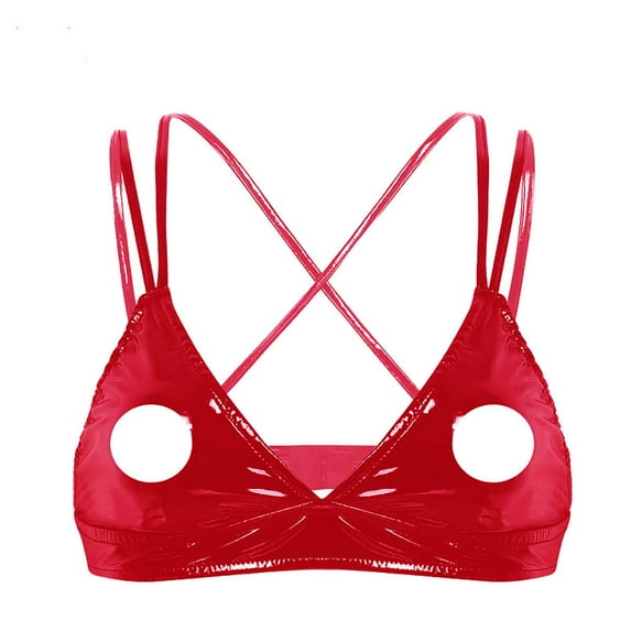 Women Shiny Leather Bra, Hot Nipple Exposed, Glossy PVC Leather, Wetlook Latex Lingerie