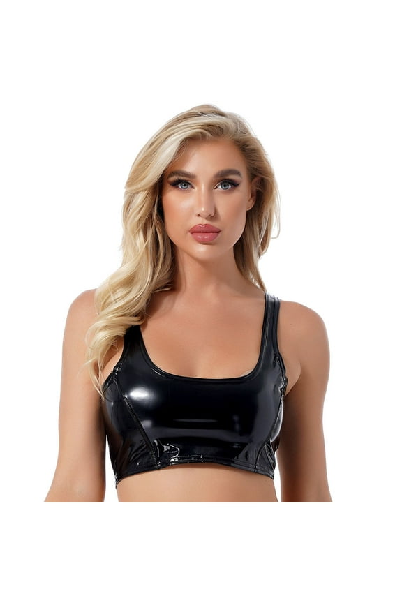 Women Shiny Leather Tank Top, Glossy PVC Leather, Hot Breast Exposed, Wetlook Latex Vest