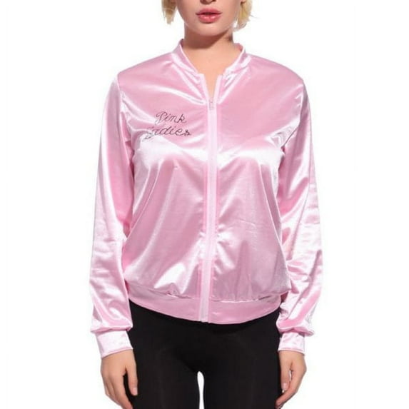 Women Shiny Long Sleeve pink Metallic jacket Slim Fit Zip Up Show Coat