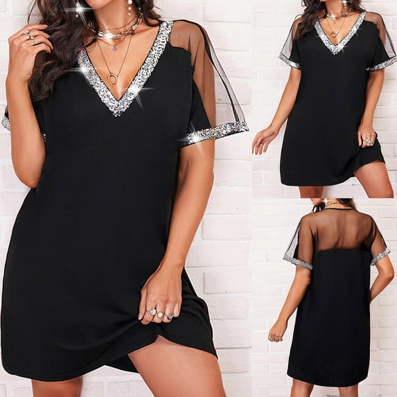 Women Shiny Mesh Stitching Black V Neck Mini Dress Short Sleeve Mesh Body Slim Dress Denim Midi Dress Womens Loose Fit Dress Women Solid Tunic Dress Beach Maxi Dresses Cute Womens Dresses for Summer