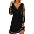 thumbnail image 1 of Women Shiny Mesh Stitching Glamorous Black V Neck Mini Dress Long Sleeve Mesh Body Slim Dress, 1 of 4