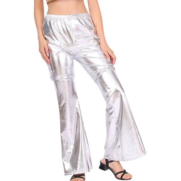 Women Shiny Metallic Bell Bottom Bootcut Palazzo Leggings 70s Disco Wide Leg Pants High Waist Dance Yoga Trousers