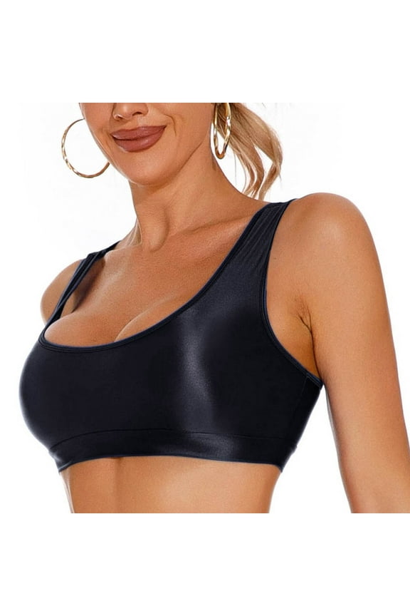 Women Shiny Oil Glossy Bra Seamless Smooth Raverback Crop Tank Top Solid Sleeveless Smooth Sports Bra Vest Stretch U-Neck Opaque Party Bra Party Rave