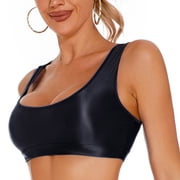 Women Shiny Oil Glossy Bra Seamless Smooth Raverback Crop Tank Top Solid Sleeveless Smooth Sports Bra Vest Stretch U-Neck Opaque Party Bra Party Rave