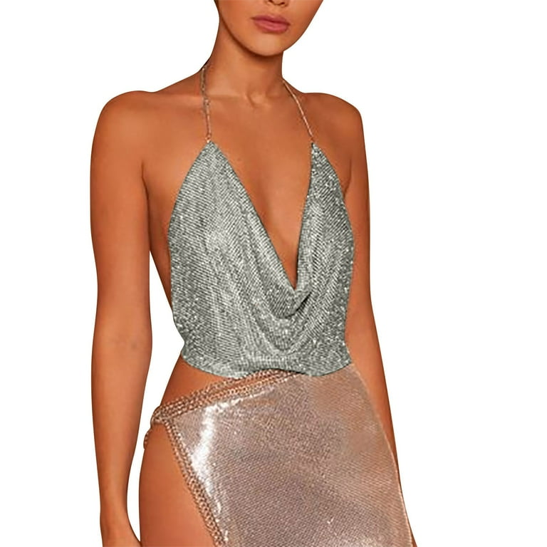 Women Shiny Rhinestone Halter Top Tank Top Sexy Halter Neck