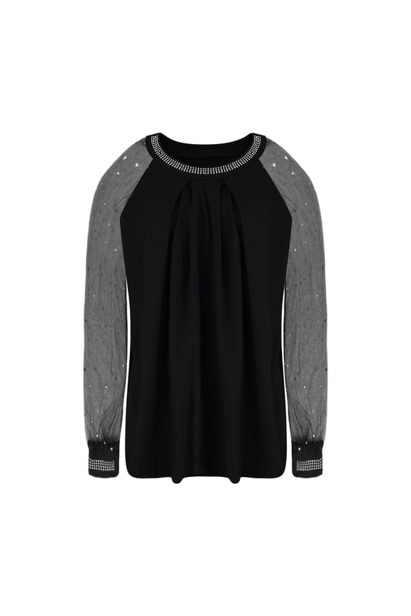 Women Shiny Sequin Shirts Glitter Crushed Diamond Round Neck Tops Mesh Long Sleeve Tops Party Black Shirts Blouse Plus Size