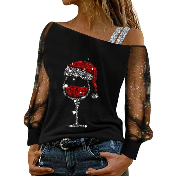 Women Shiny Sequin Shirts Glitter Sexy Off Shoulder Long Sleeve Tees Tunic Tops Cold Party Black Blouse