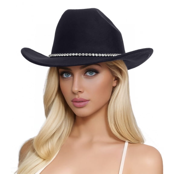 Women Shiny Silver Black Cowboy Hat Western Glitter Sequins Party Cap