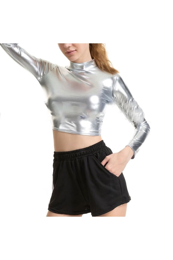 Women Shiny Wetlook Mock Neck Long Sleeve Crop Top Dance Clubwear Silver XXL YIWEI