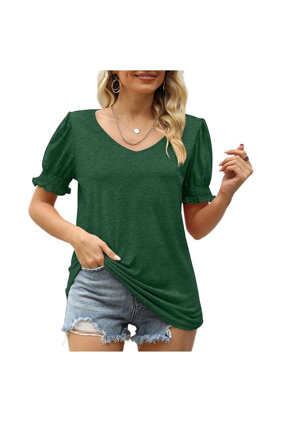 Women Shirred Puff Sleeve Top V Neck Pure Color Loose Fitting Casual Summer Pullover Shirt Green M