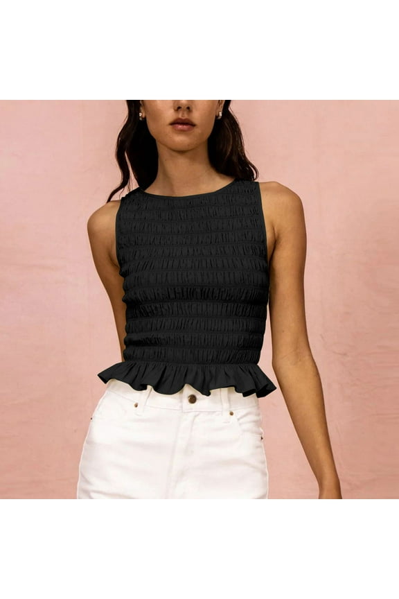 Women Shirred Tank Top Ruffle Sleeveless Tanks Frill Pleated Halter Cami Tops Summer Streetwear