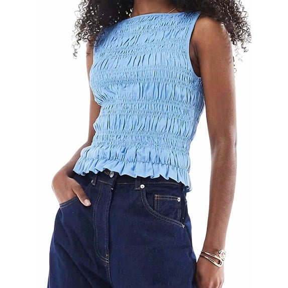 Women Shirred Tank Top Ruffle Sleeveless Tanks Frill Smocked Crew Neck Tops Blue M