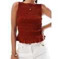 thumbnail image 1 of Women Shirred Tank Top Ruffle Sleeveless Tanks Frill Smocked Crew Neck Tops Brown S, 1 of 6