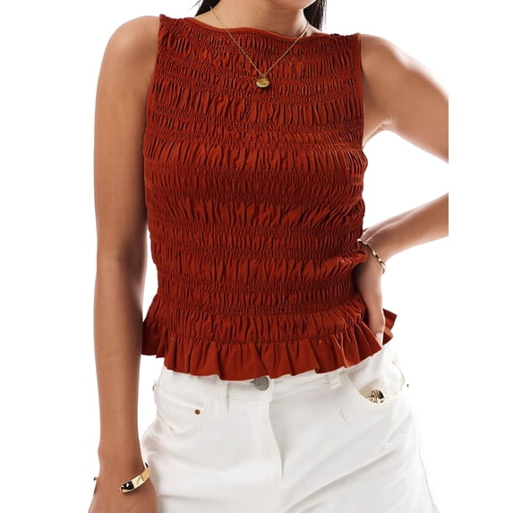 Women Shirred Tank Top Ruffle Sleeveless Tanks Frill Smocked Crew Neck Tops Brown S