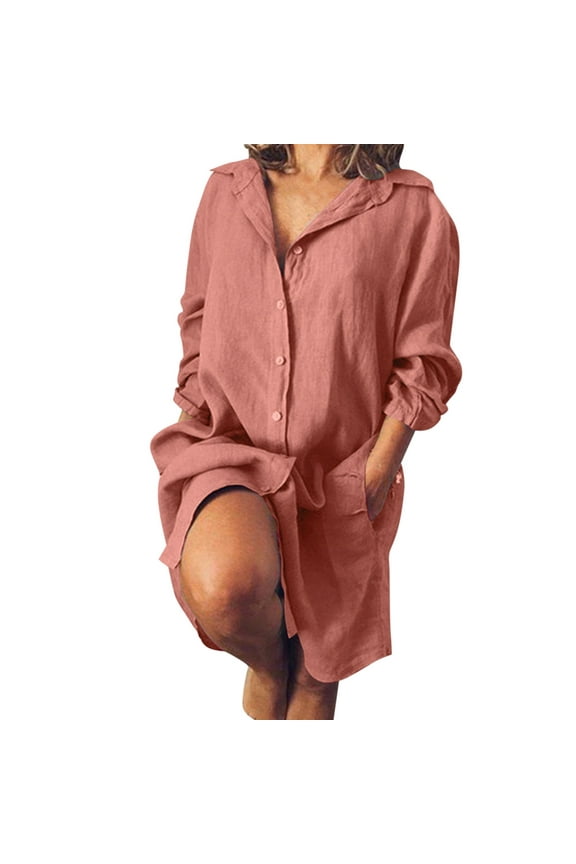 Women Shirt Dress Casual Loose Maxi - Polyester Long Sleeve Turn-Down Collar, All Season