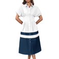 thumbnail image 1 of Women Shirt Dress Short Sleeve Button Down Corset Waist Midi Dress with Striped Hem, 1 of 6
