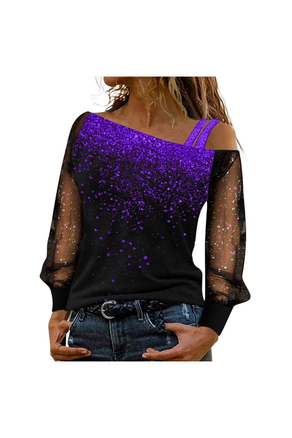 Women Shirt Dressy One Shoulder Glitter Tops with Patchwork Mesh Sleeve Shiny Glitter Tunic Tops