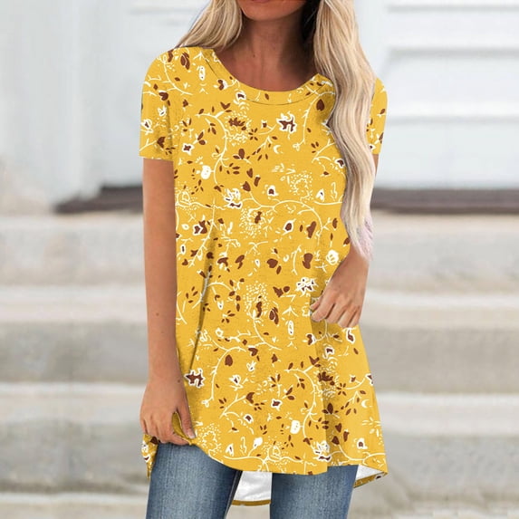 Women Shirt Fashion Thin section Durable Sets Leisure Printed Loose Christmas gift Trendy Lining Loose Fitting Short Sleeve Yellow Sexy Lining Size S