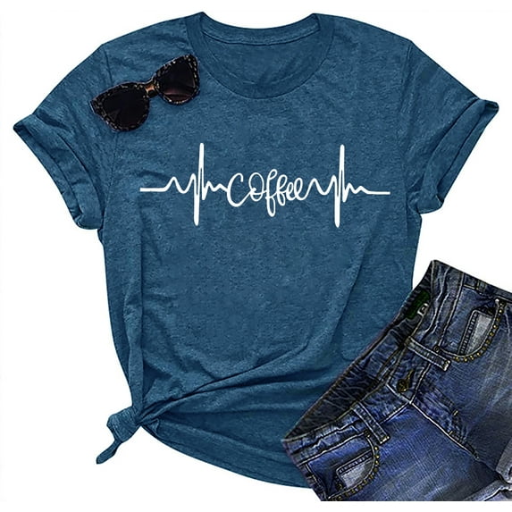 Women Shirt Funny Coffee Letter Print Graphic Shirt Casual Vacation Short sleeve